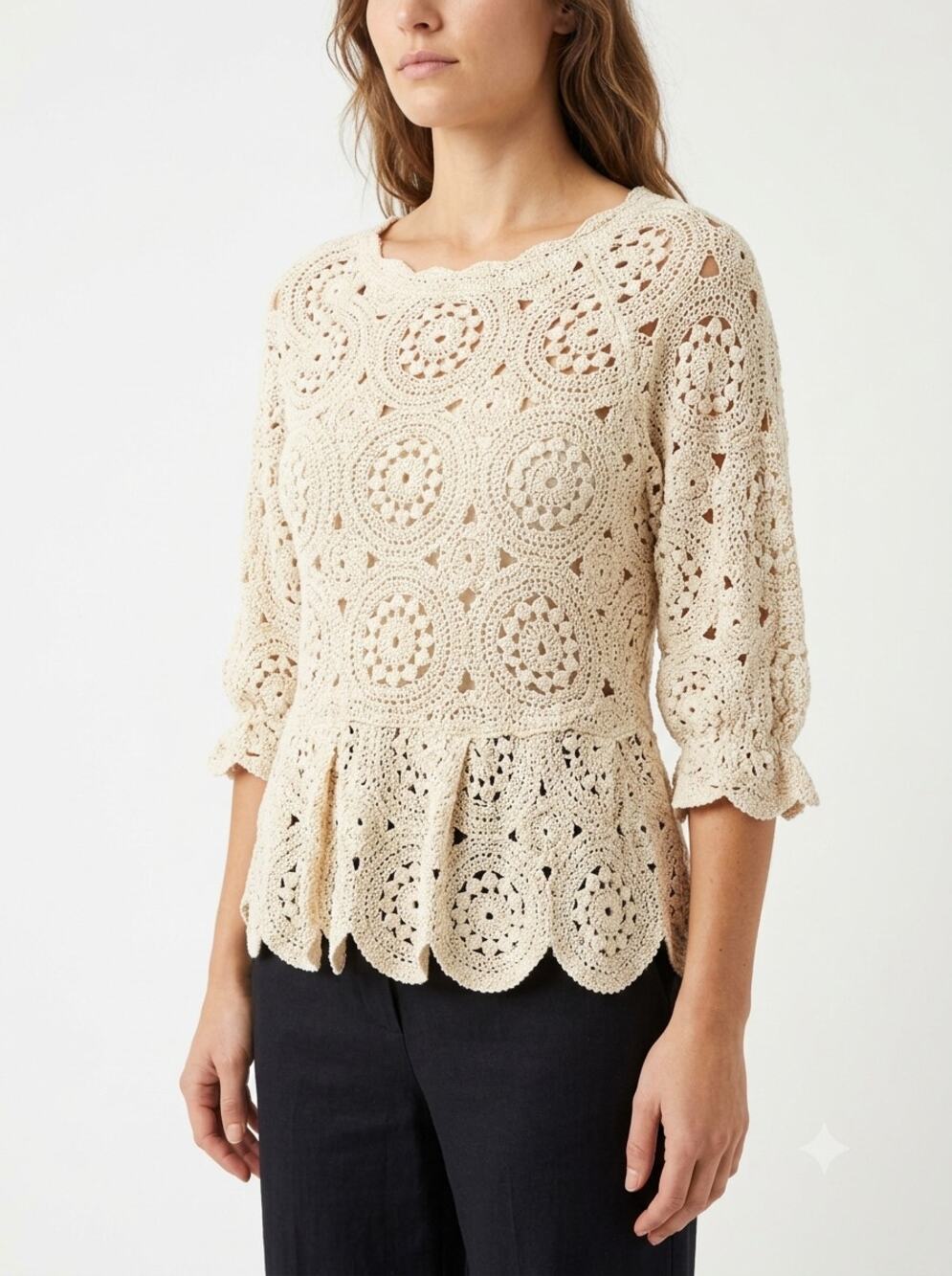 Solitaire Peplum Blouse Top Women’s M Beige Crochet Knit 3/4 Raglan Sleeve Boho